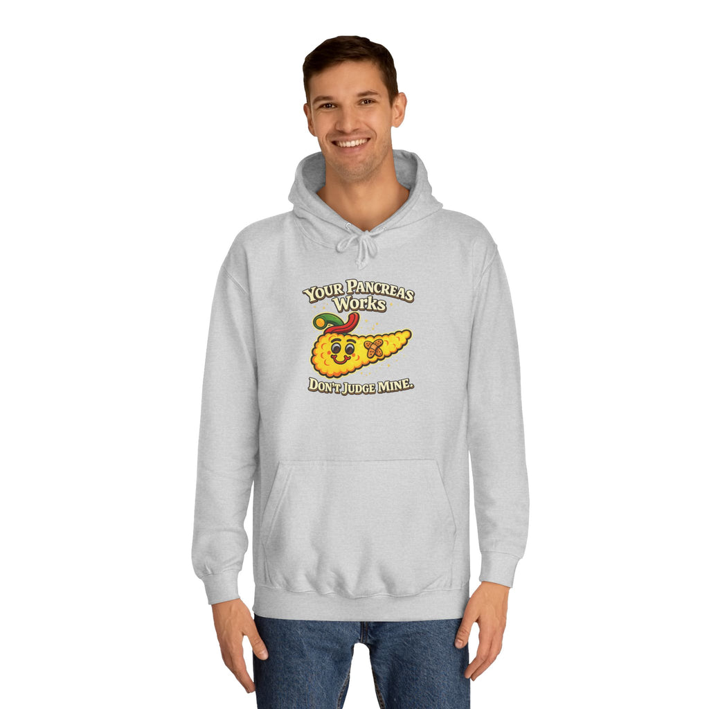 Don't judge my pancreas Hoodie — Funny Pancreas Cartoon Front, Bold Back Statement