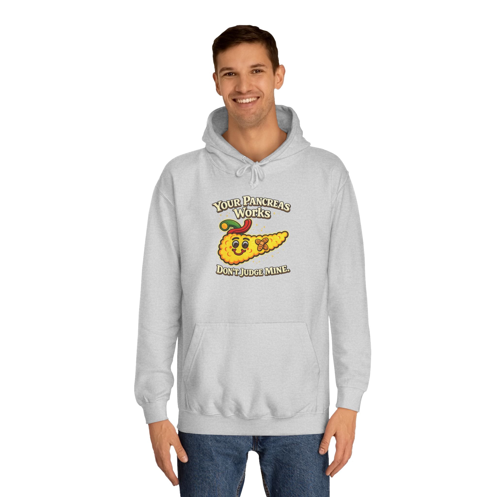 Don't judge my pancreas Hoodie — Funny Pancreas Cartoon Front, Bold Back Statement