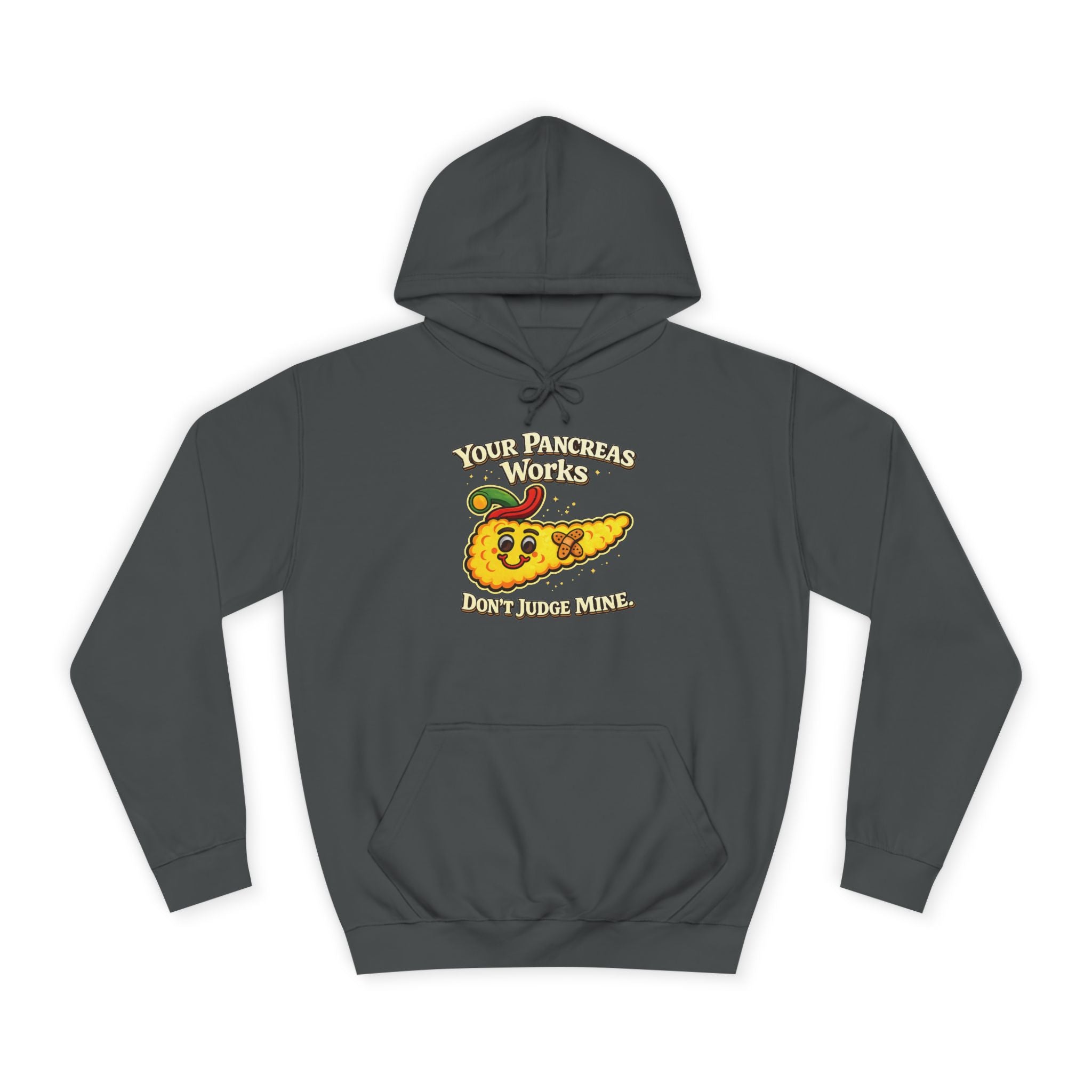 Don't judge my pancreas Hoodie — Funny Pancreas Cartoon Front, Bold Back Statement