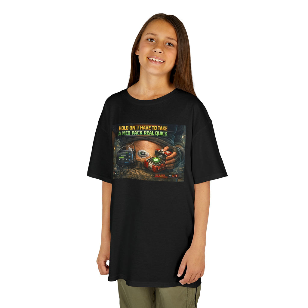 Kids T-Shirt — Funny T1D Gaming Med Pack Design (Make Insulin Time Playful)