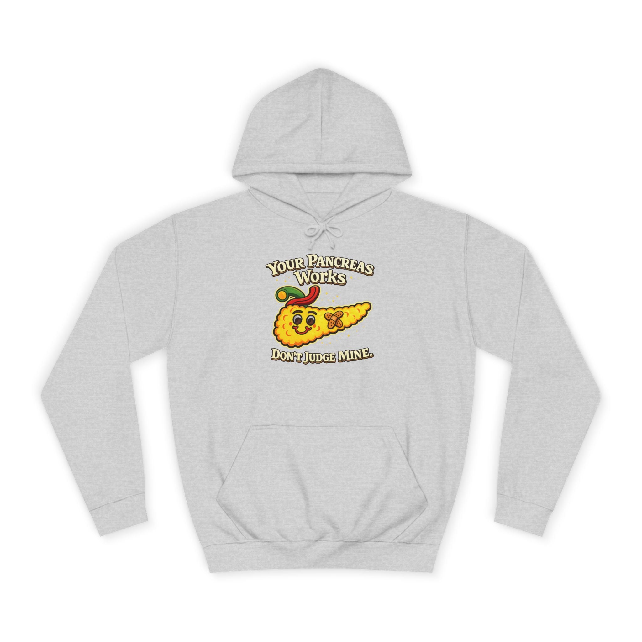 Don't judge my pancreas Hoodie — Funny Pancreas Cartoon Front, Bold Back Statement