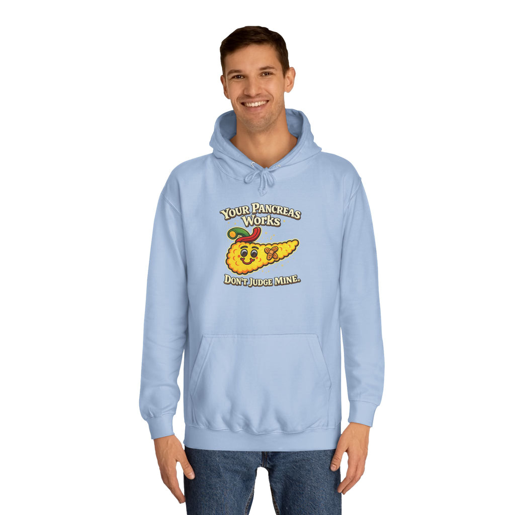 Don't judge my pancreas Hoodie — Funny Pancreas Cartoon Front, Bold Back Statement