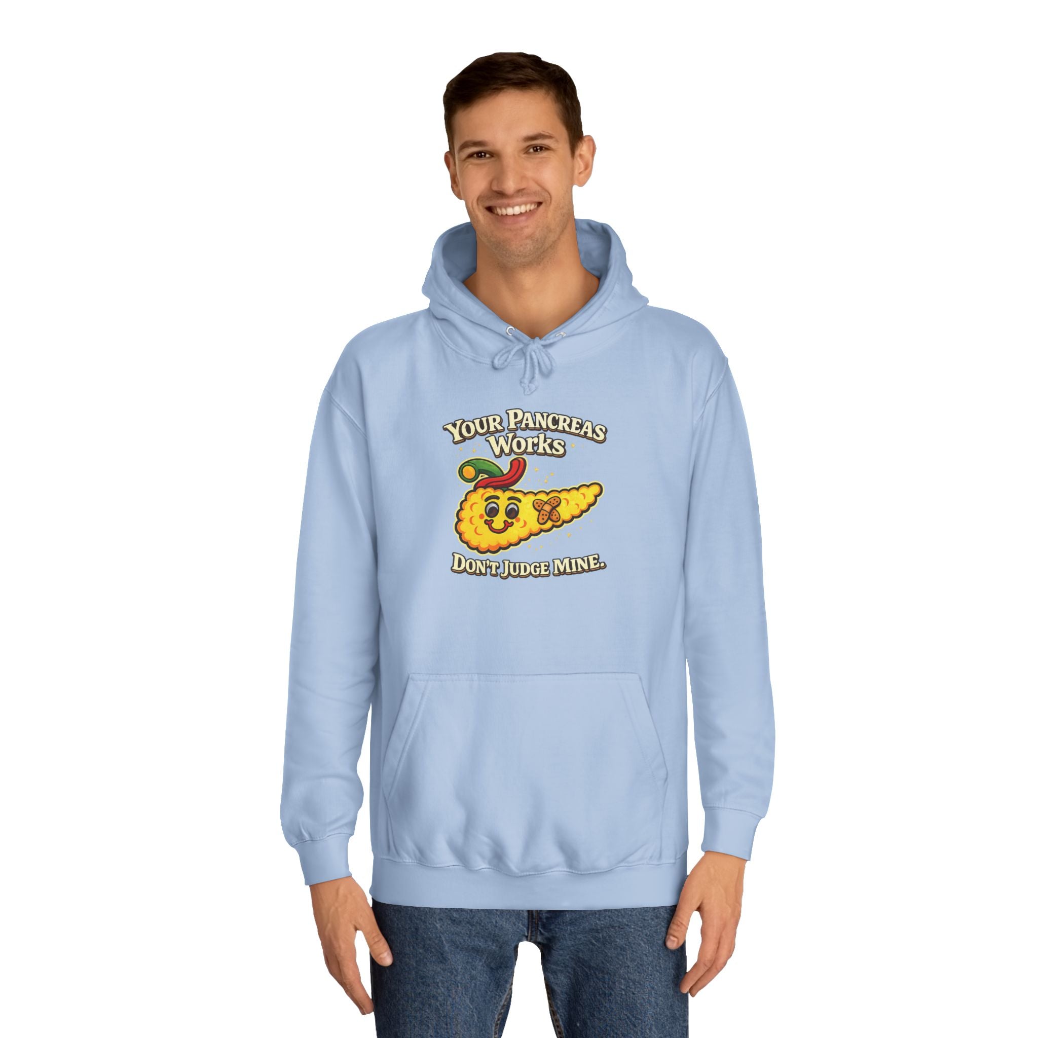Don't judge my pancreas Hoodie — Funny Pancreas Cartoon Front, Bold Back Statement