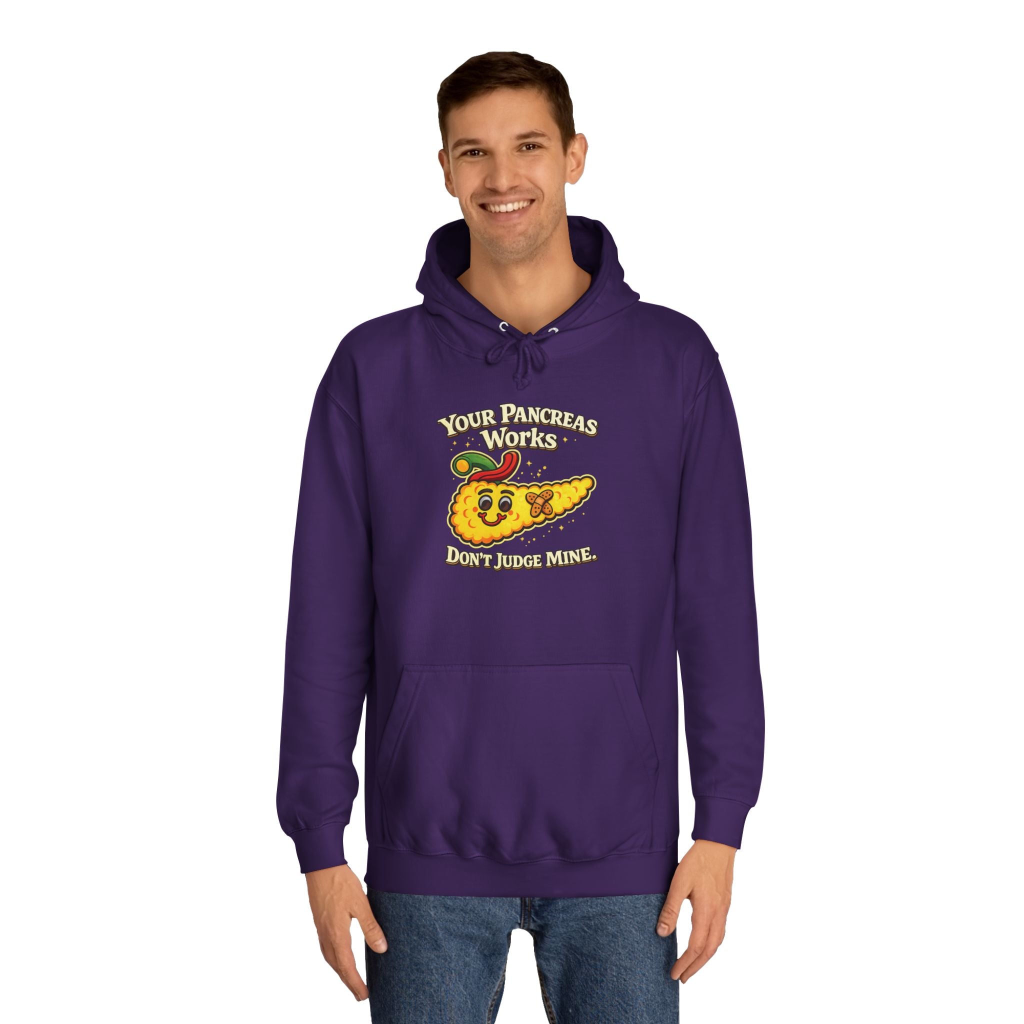 Don't judge my pancreas Hoodie — Funny Pancreas Cartoon Front, Bold Back Statement