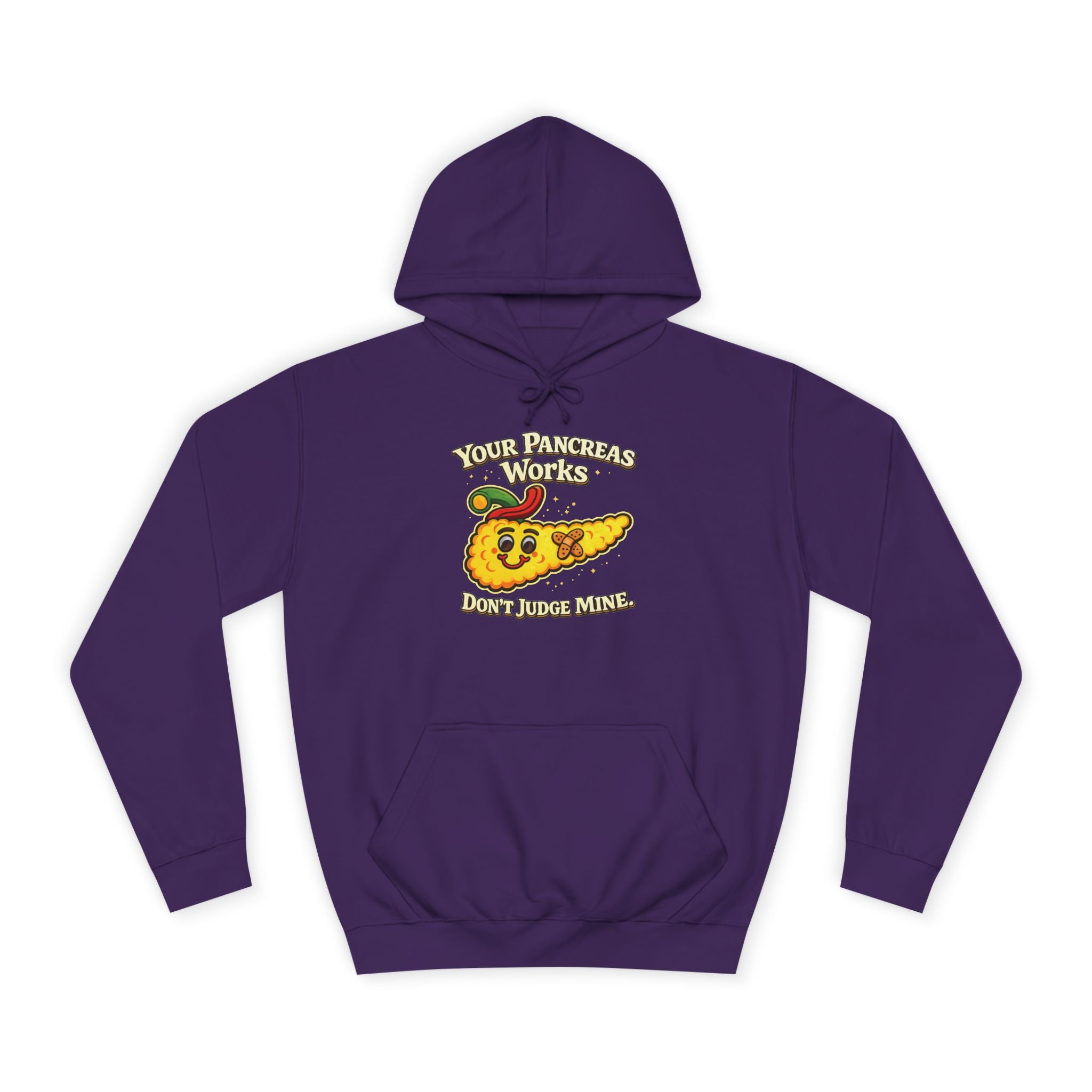 Don't judge my pancreas Hoodie — Funny Pancreas Cartoon Front, Bold Back Statement