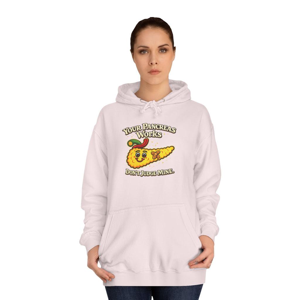 Don't judge my pancreas Hoodie — Funny Pancreas Cartoon Front, Bold Back Statement