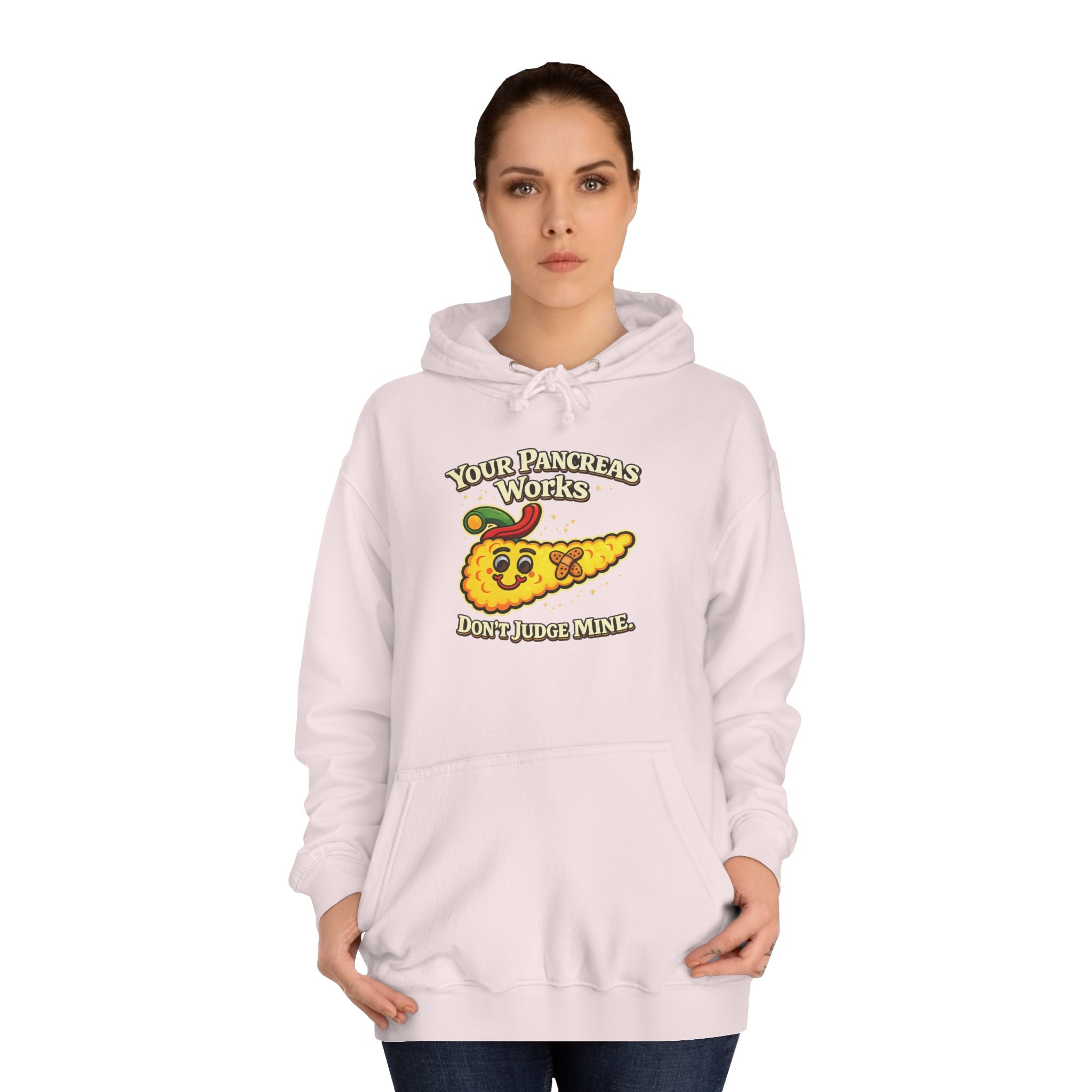 Don't judge my pancreas Hoodie — Funny Pancreas Cartoon Front, Bold Back Statement