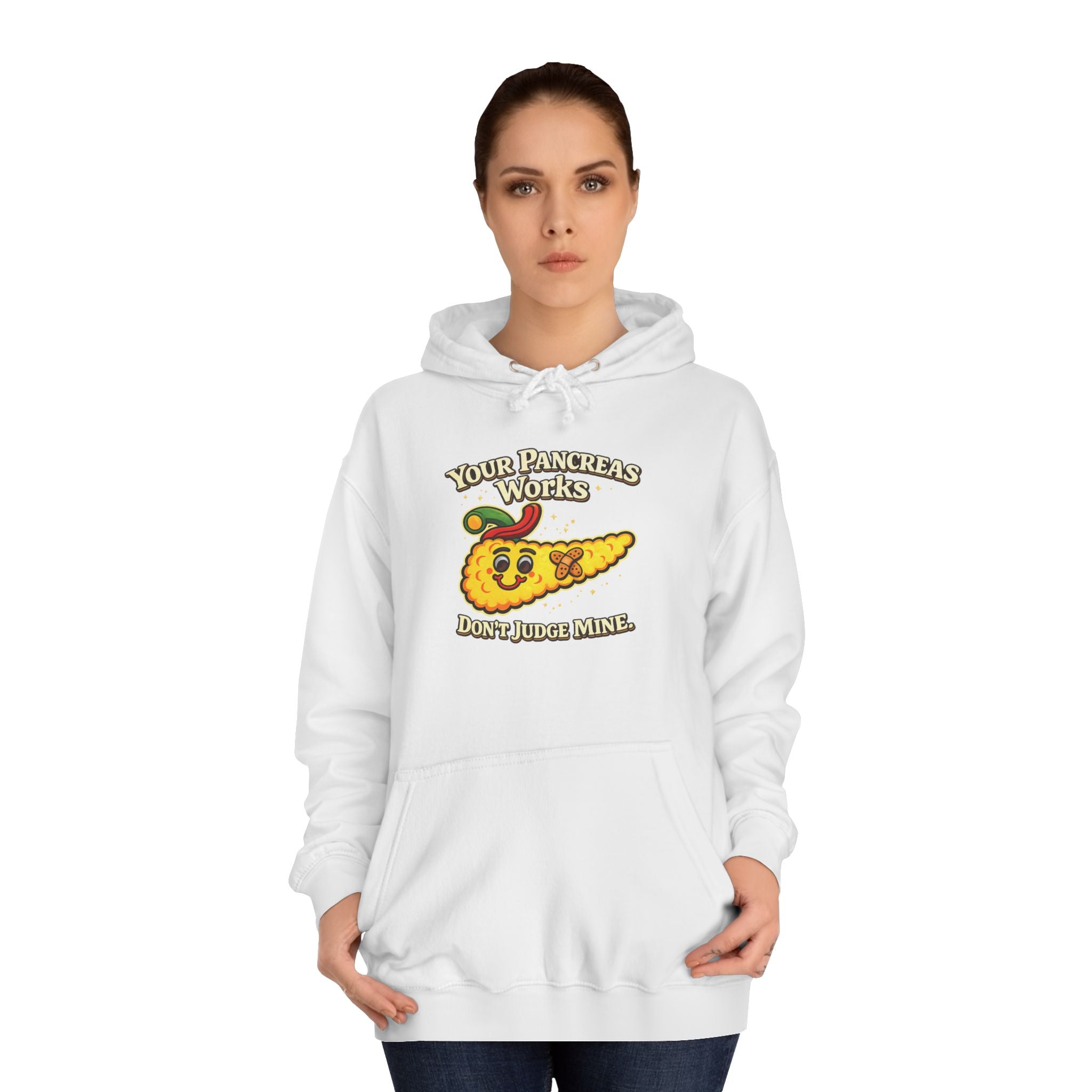 Don't judge my pancreas Hoodie — Funny Pancreas Cartoon Front, Bold Back Statement