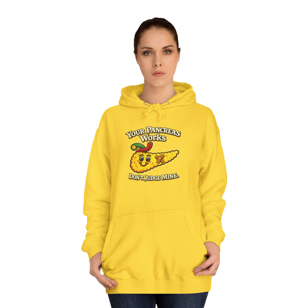 Don't judge my pancreas Hoodie — Funny Pancreas Cartoon Front, Bold Back Statement