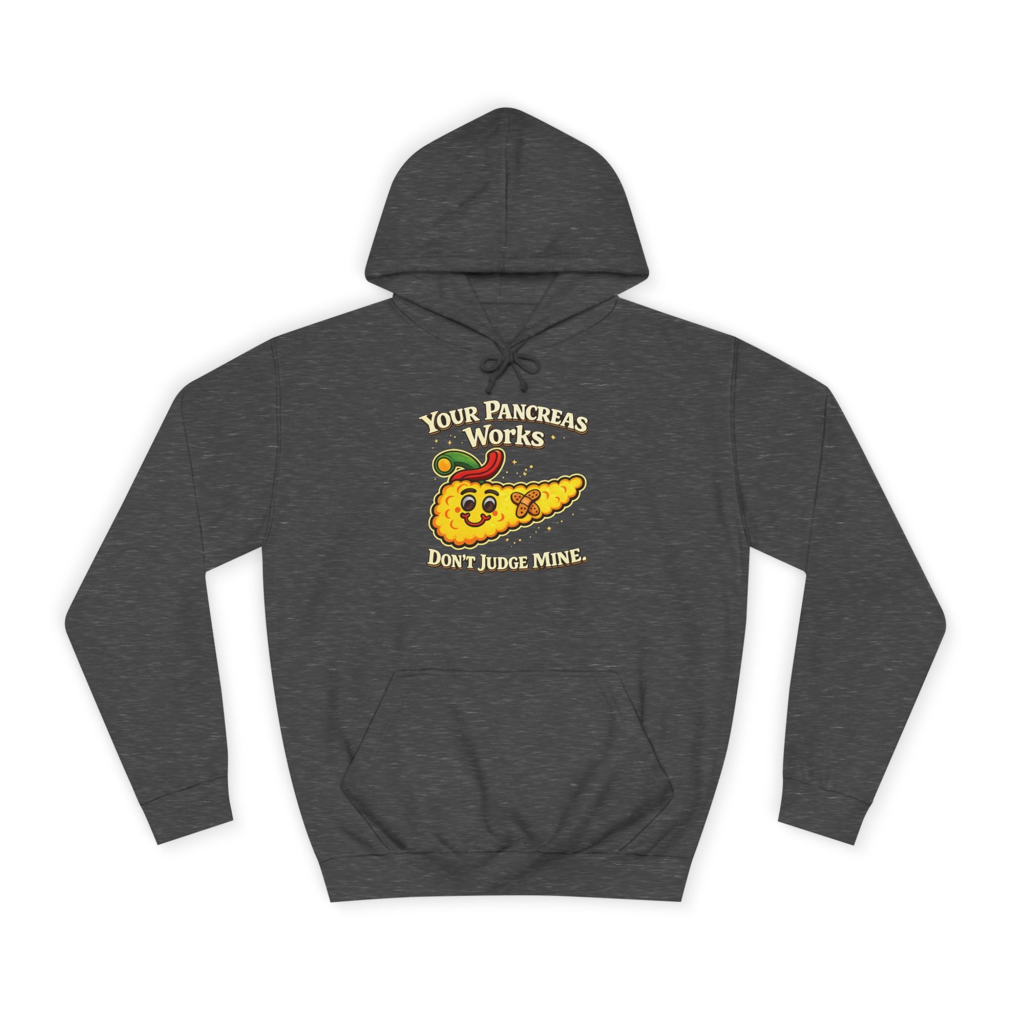 Don't judge my pancreas Hoodie — Funny Pancreas Cartoon Front, Bold Back Statement