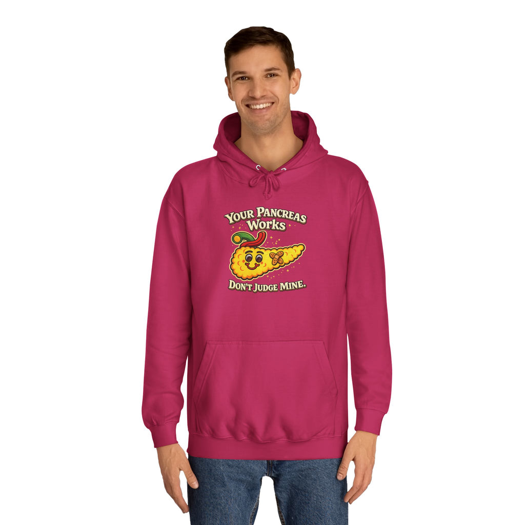 Don't judge my pancreas Hoodie — Funny Pancreas Cartoon Front, Bold Back Statement