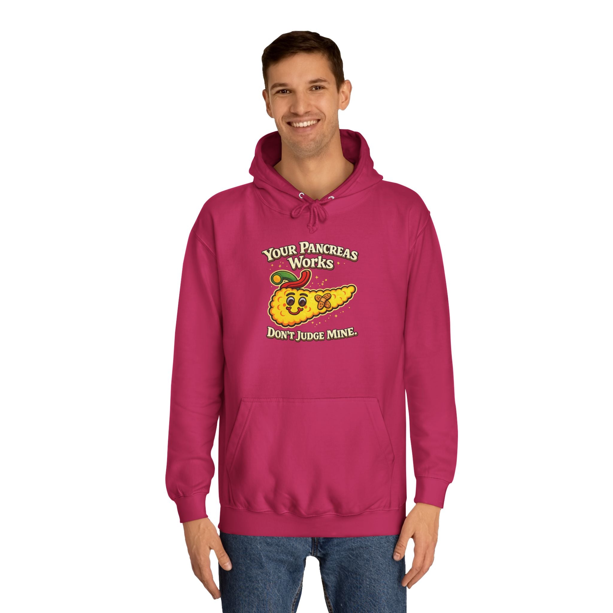 Don't judge my pancreas Hoodie — Funny Pancreas Cartoon Front, Bold Back Statement