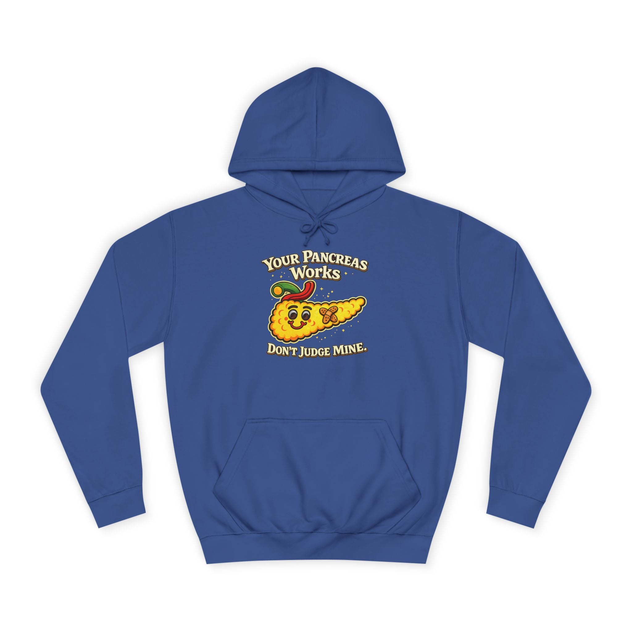 Don't judge my pancreas Hoodie — Funny Pancreas Cartoon Front, Bold Back Statement