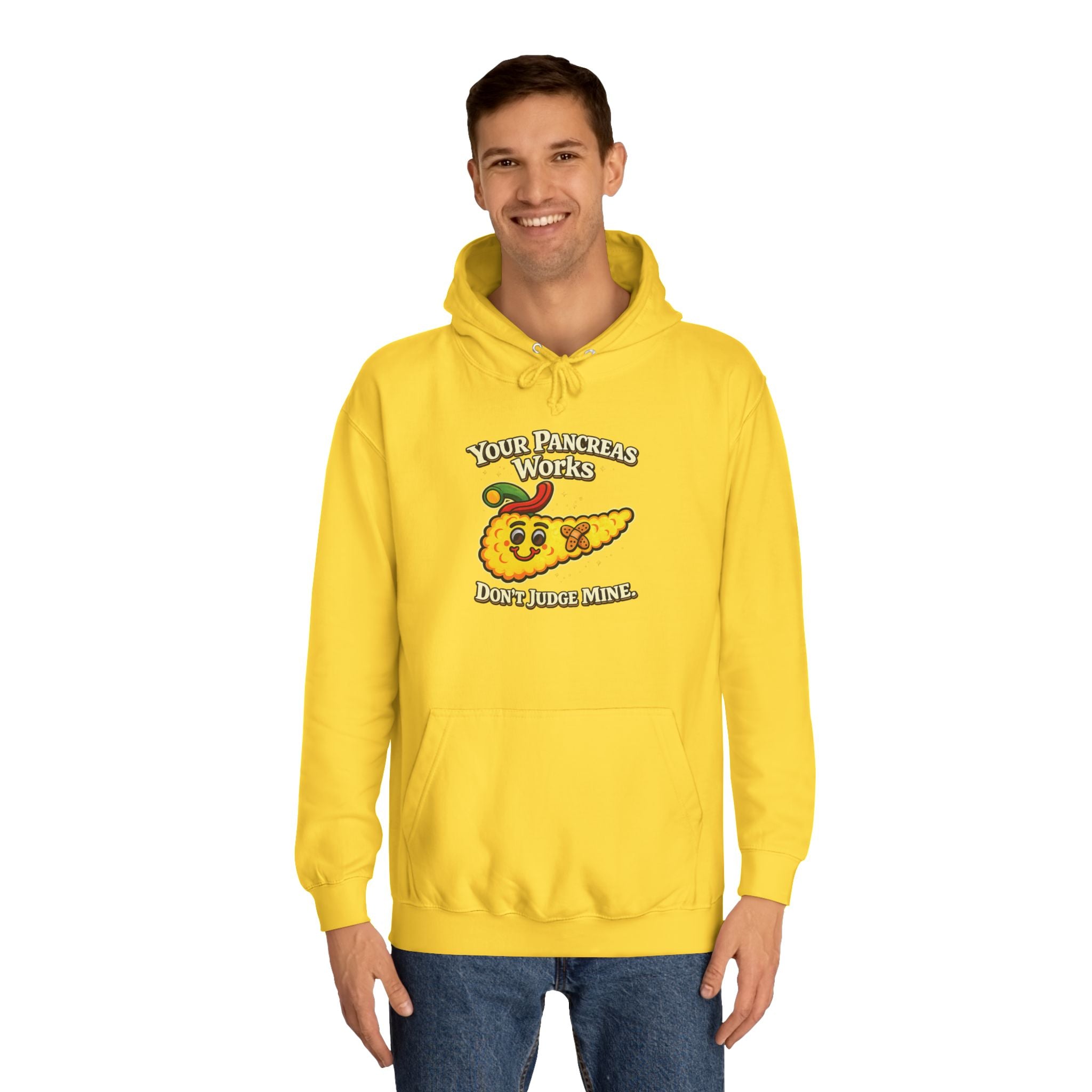 Don't judge my pancreas Hoodie — Funny Pancreas Cartoon Front, Bold Back Statement