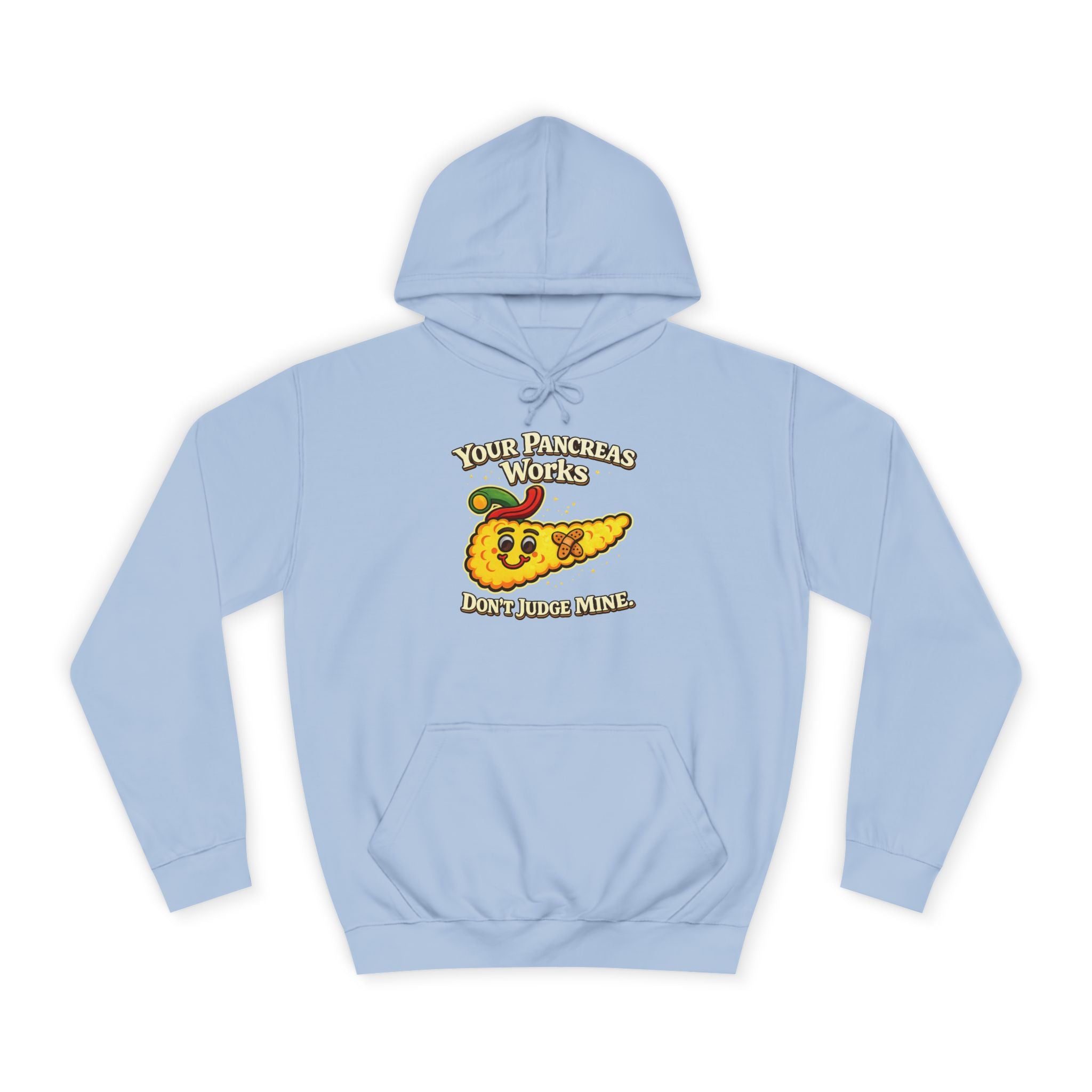 Don't judge my pancreas Hoodie — Funny Pancreas Cartoon Front, Bold Back Statement