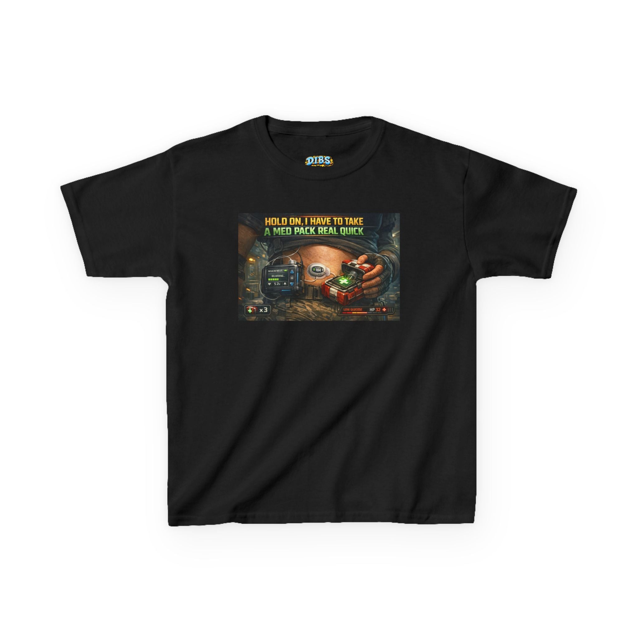 Kids T-Shirt — Funny T1D Gaming Med Pack Design (Make Insulin Time Playful)