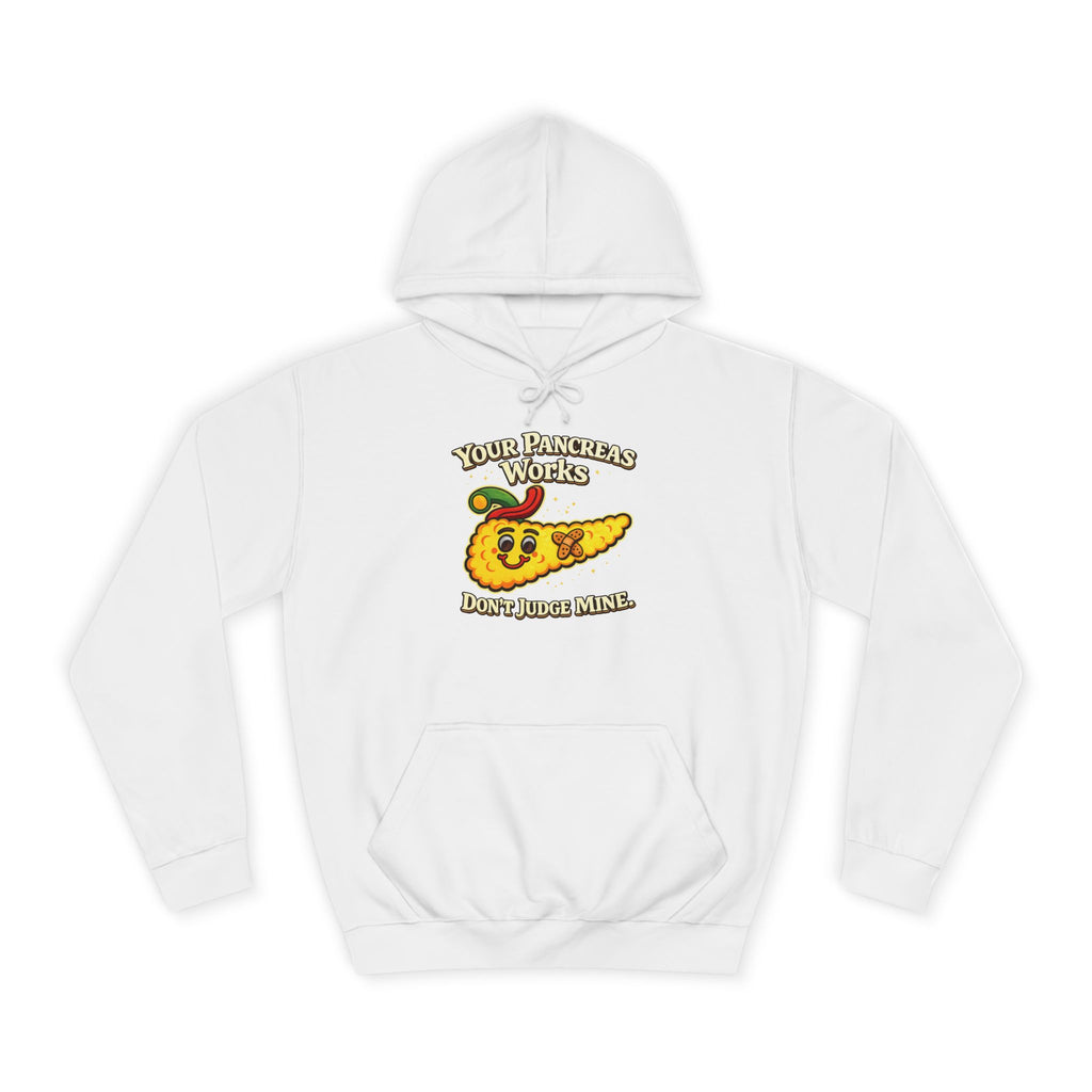 Don't judge my pancreas Hoodie — Funny Pancreas Cartoon Front, Bold Back Statement