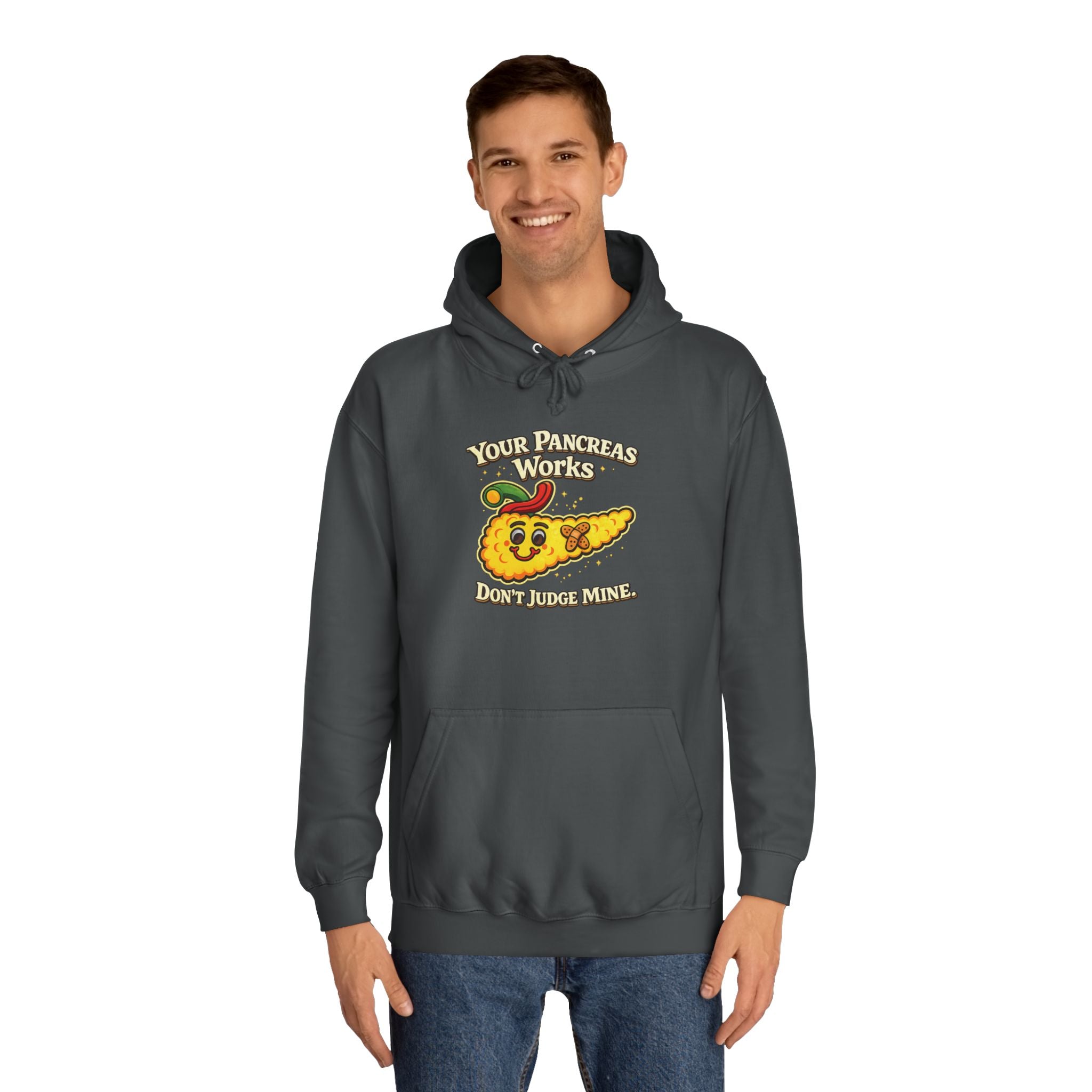 Don't judge my pancreas Hoodie — Funny Pancreas Cartoon Front, Bold Back Statement