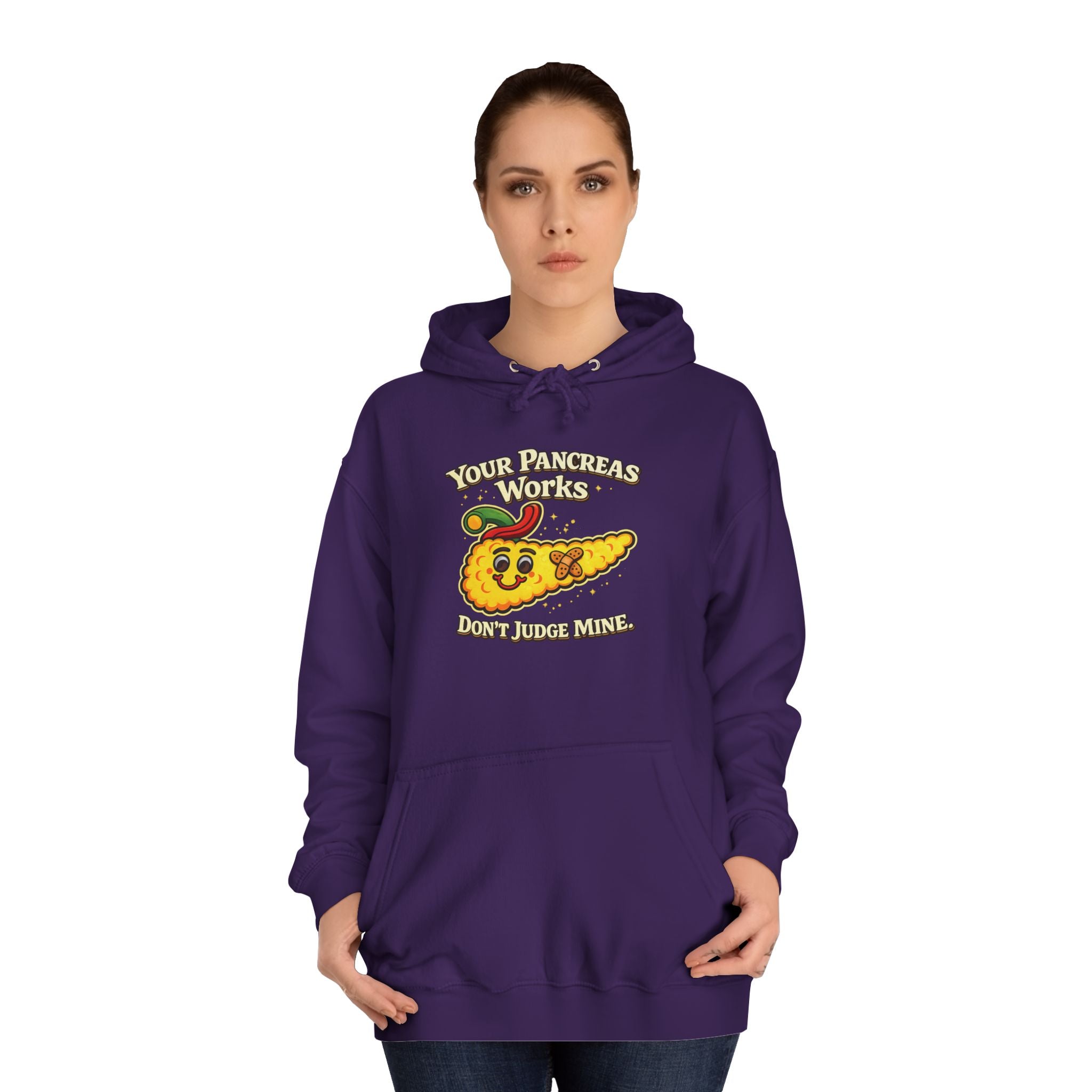 Don't judge my pancreas Hoodie — Funny Pancreas Cartoon Front, Bold Back Statement