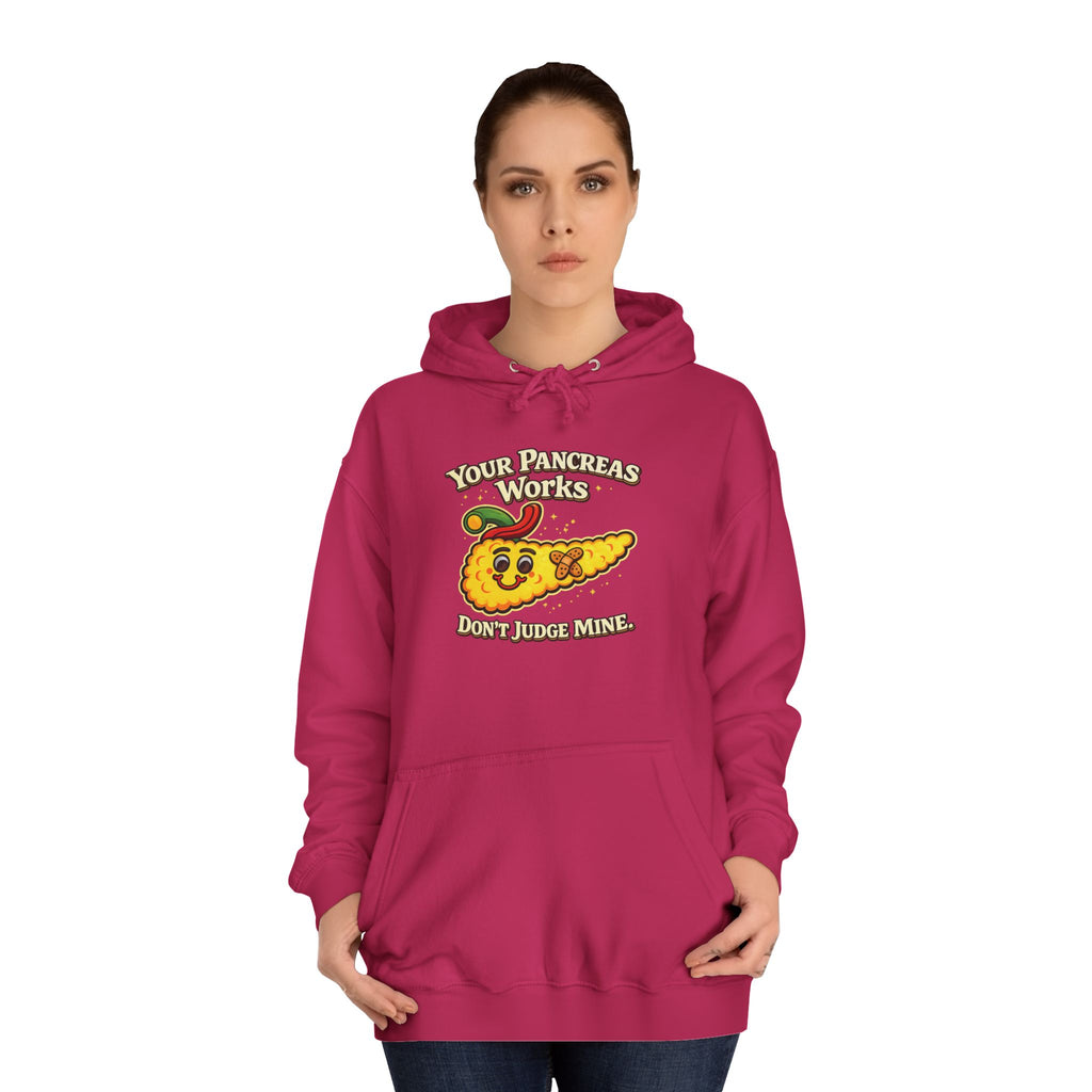 Don't judge my pancreas Hoodie — Funny Pancreas Cartoon Front, Bold Back Statement