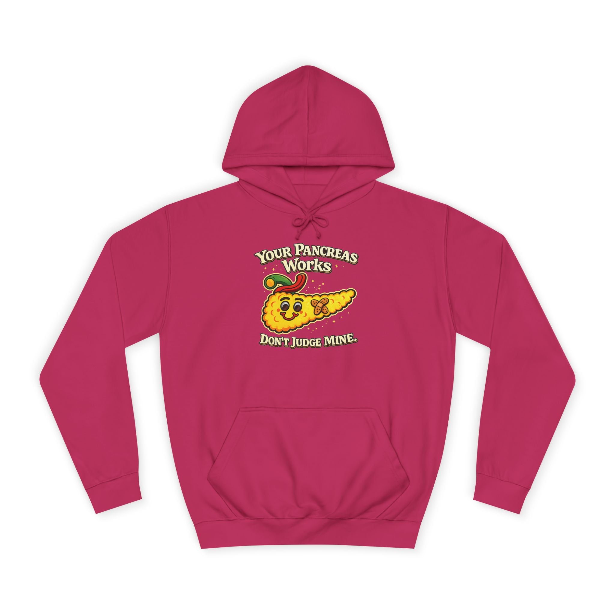 Don't judge my pancreas Hoodie — Funny Pancreas Cartoon Front, Bold Back Statement