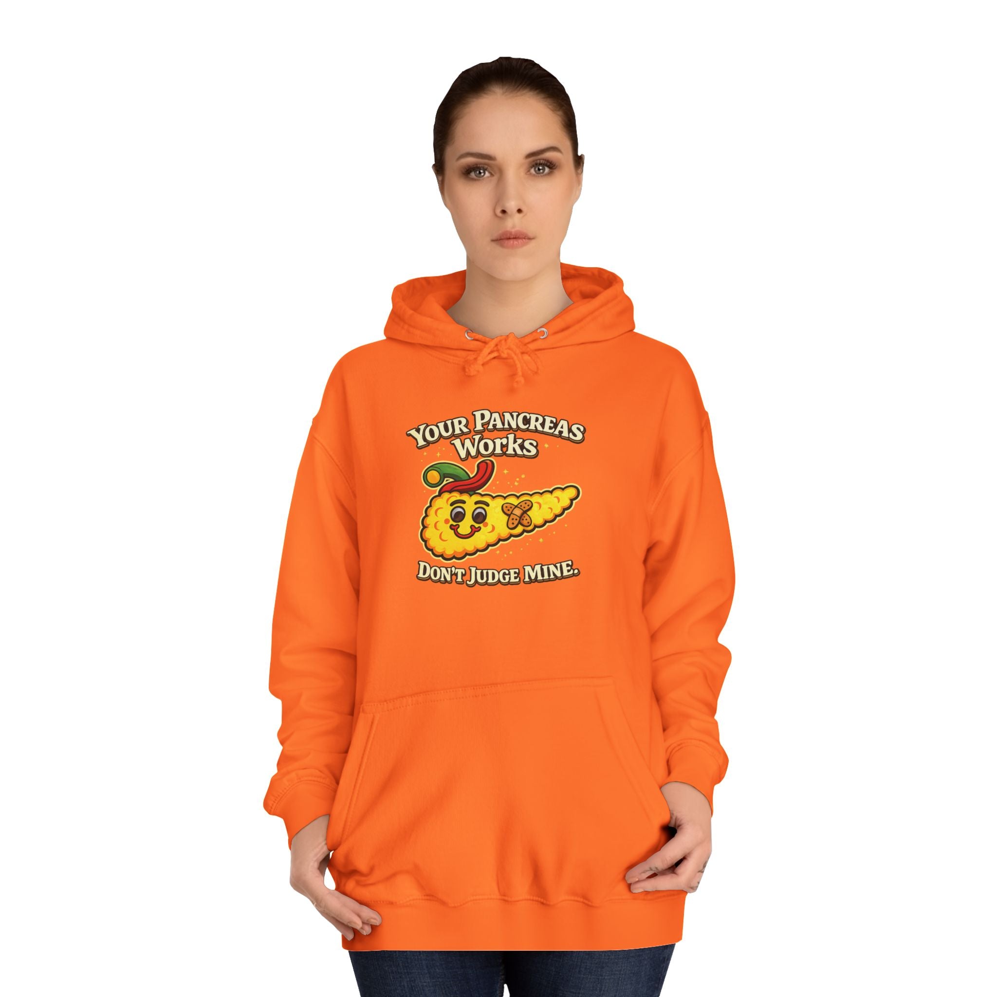 Don't judge my pancreas Hoodie — Funny Pancreas Cartoon Front, Bold Back Statement