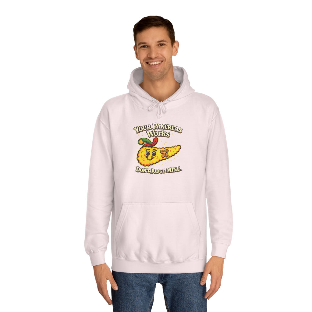 Don't judge my pancreas Hoodie — Funny Pancreas Cartoon Front, Bold Back Statement