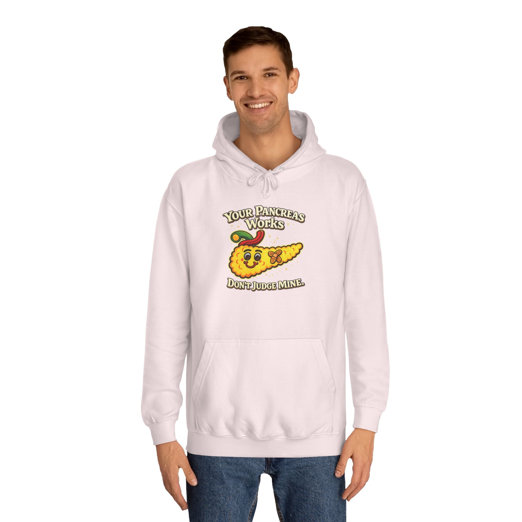Don't judge my pancreas Hoodie — Funny Pancreas Cartoon Front, Bold Back Statement