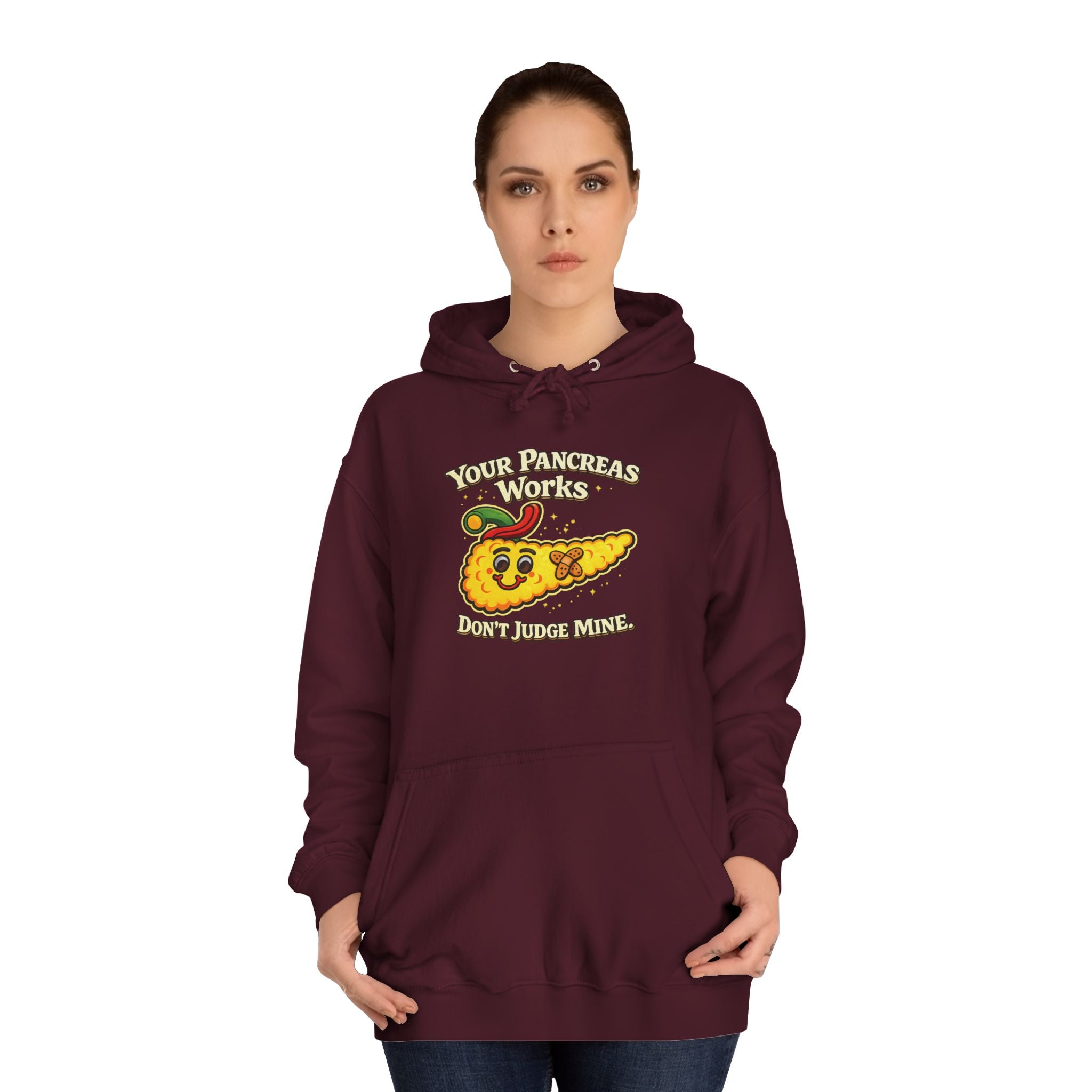 Don't judge my pancreas Hoodie — Funny Pancreas Cartoon Front, Bold Back Statement
