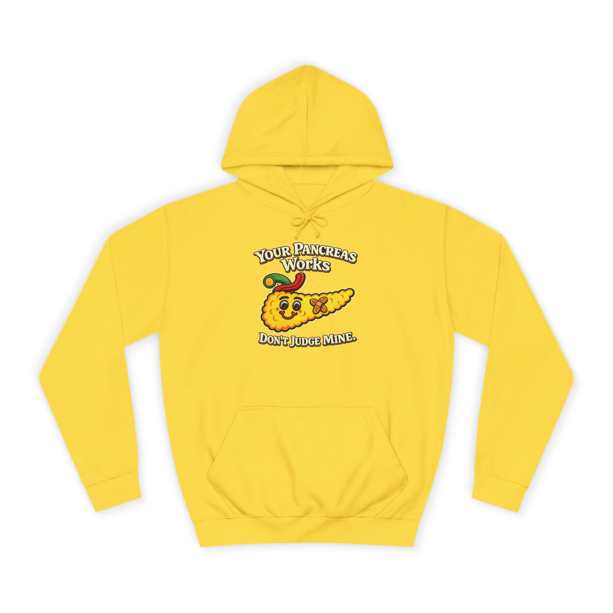 Don't judge my pancreas Hoodie — Funny Pancreas Cartoon Front, Bold Back Statement