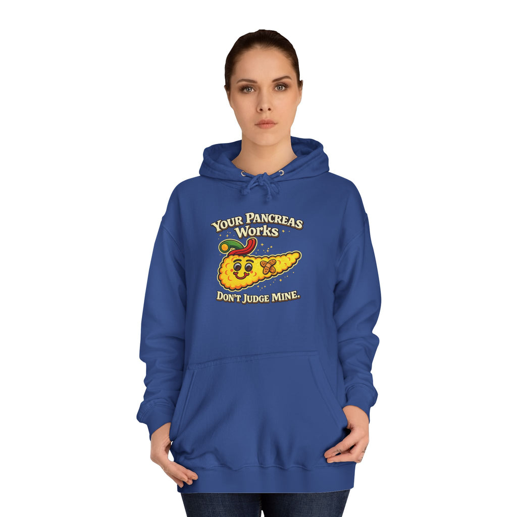 Don't judge my pancreas Hoodie — Funny Pancreas Cartoon Front, Bold Back Statement