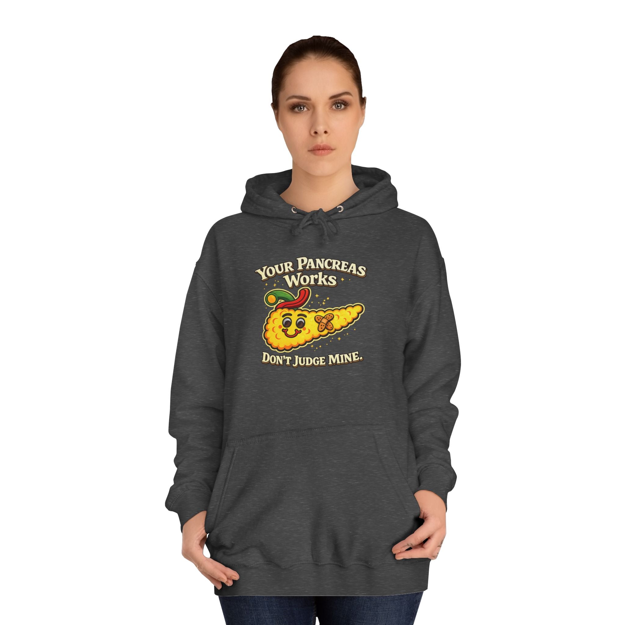 Don't judge my pancreas Hoodie — Funny Pancreas Cartoon Front, Bold Back Statement