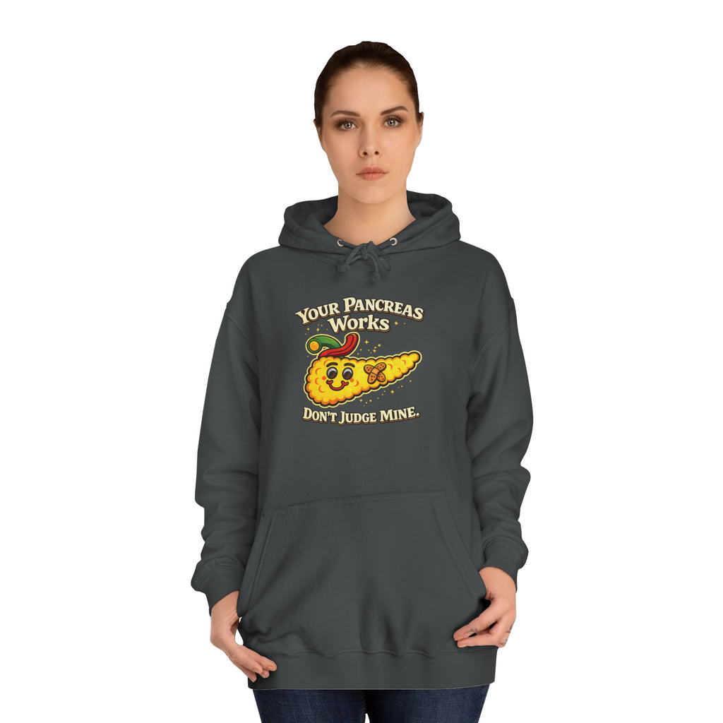 Don't judge my pancreas Hoodie — Funny Pancreas Cartoon Front, Bold Back Statement