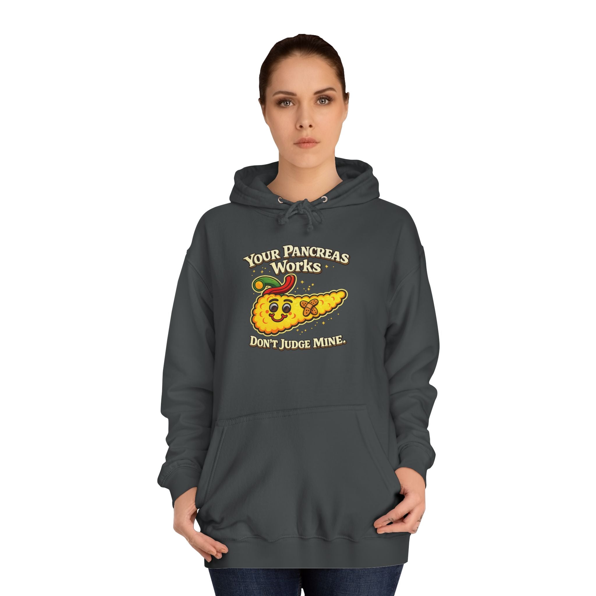 Don't judge my pancreas Hoodie — Funny Pancreas Cartoon Front, Bold Back Statement