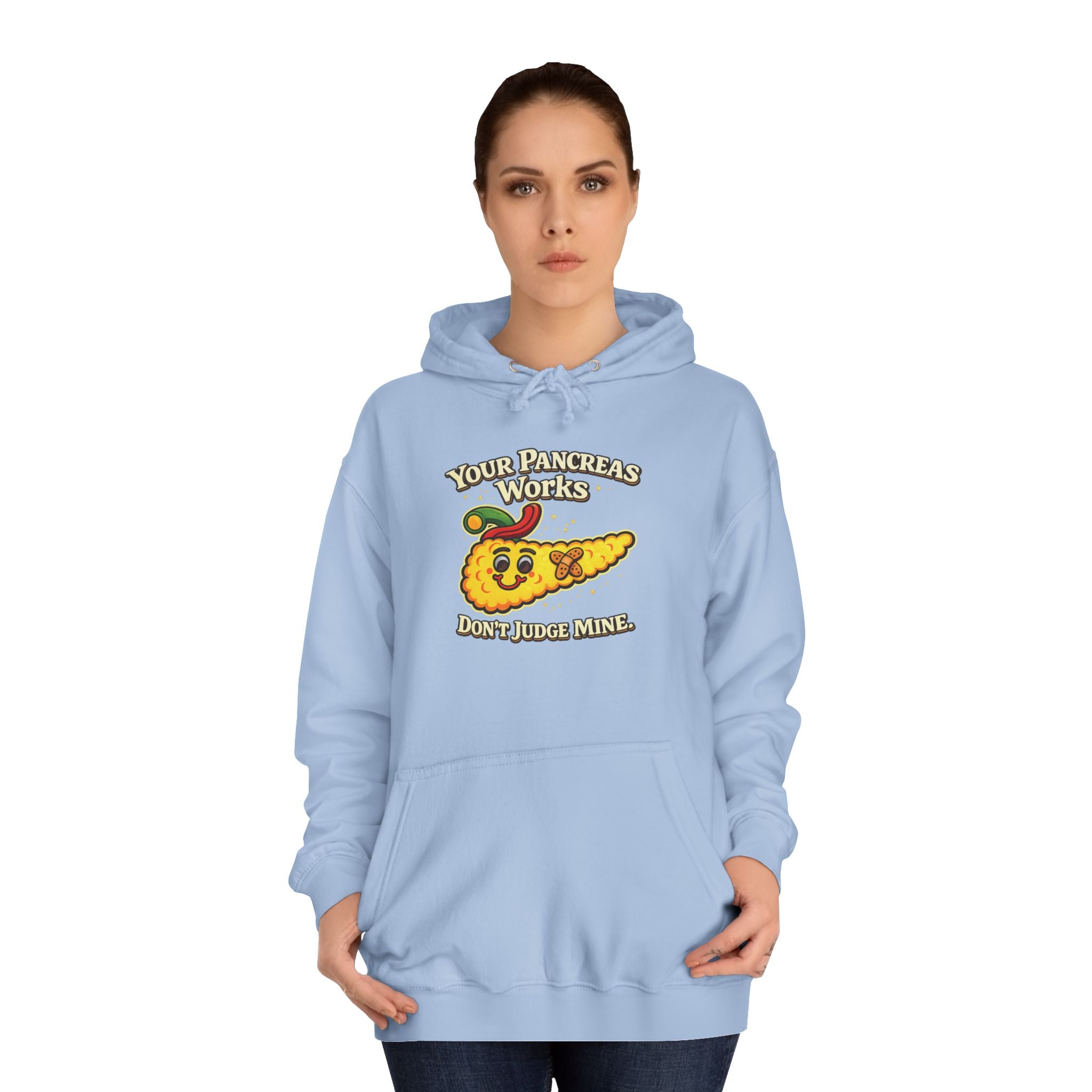 Don't judge my pancreas Hoodie — Funny Pancreas Cartoon Front, Bold Back Statement