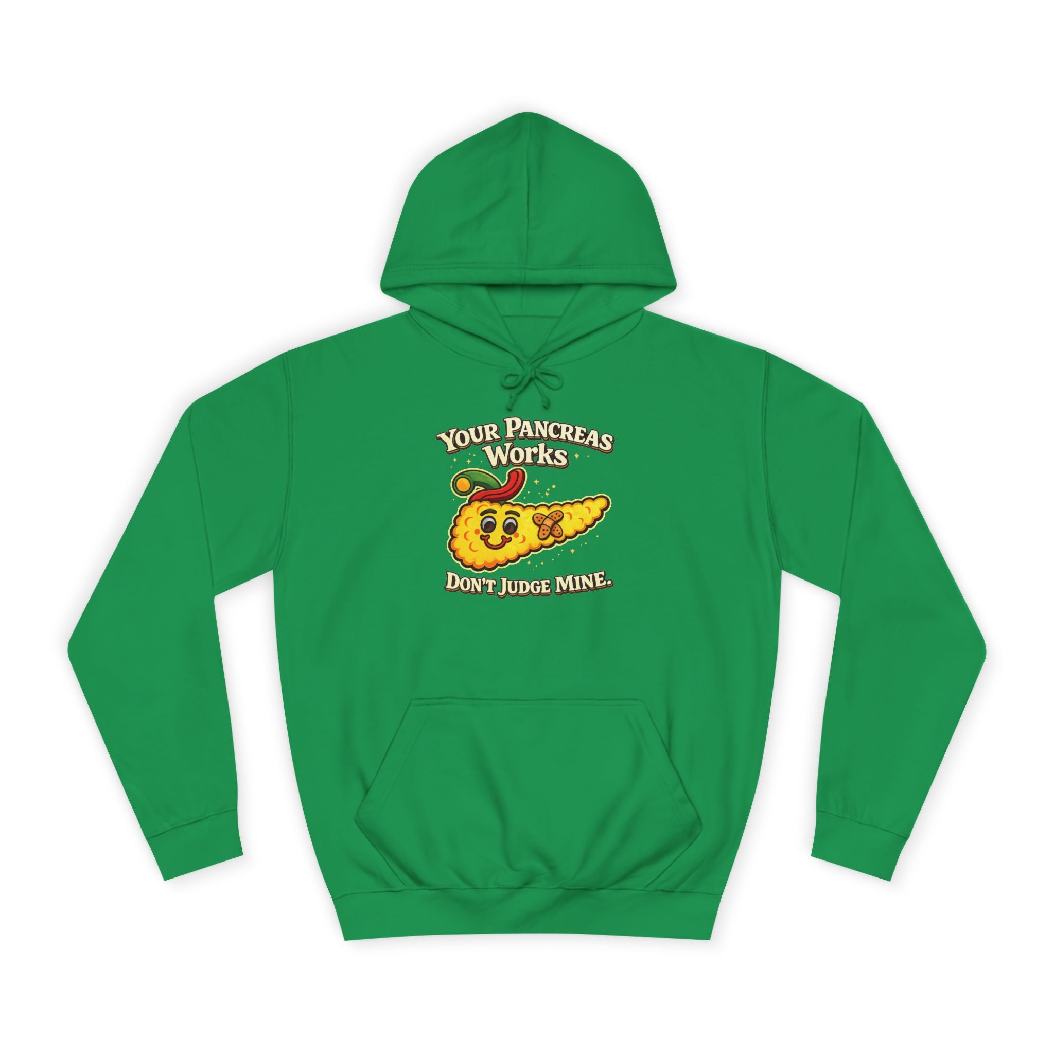 Don't judge my pancreas Hoodie — Funny Pancreas Cartoon Front, Bold Back Statement