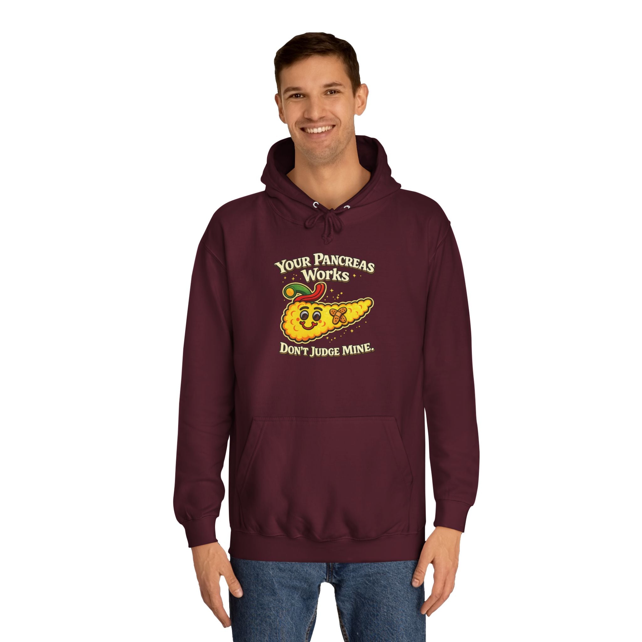 Don't judge my pancreas Hoodie — Funny Pancreas Cartoon Front, Bold Back Statement