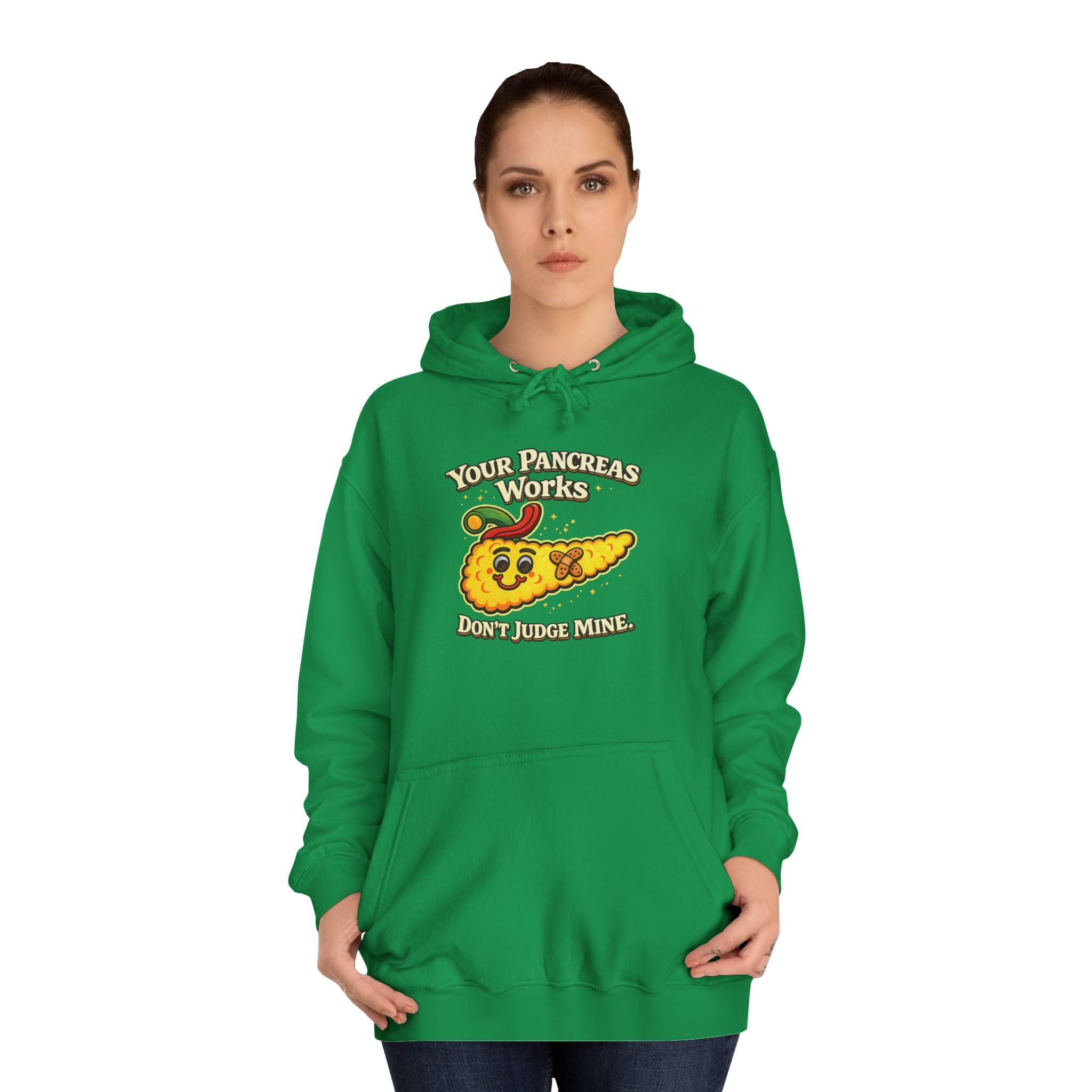 Don't judge my pancreas Hoodie — Funny Pancreas Cartoon Front, Bold Back Statement