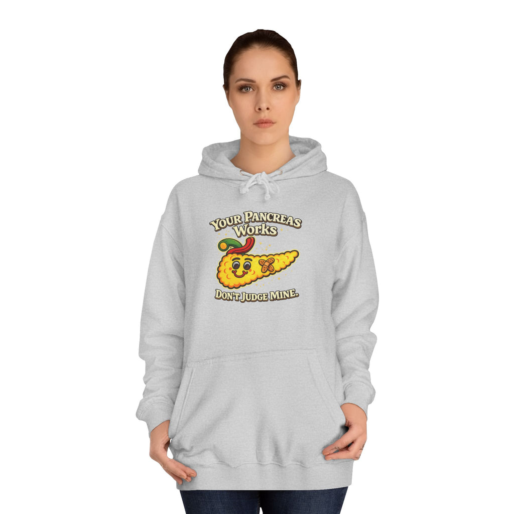 Don't judge my pancreas Hoodie — Funny Pancreas Cartoon Front, Bold Back Statement