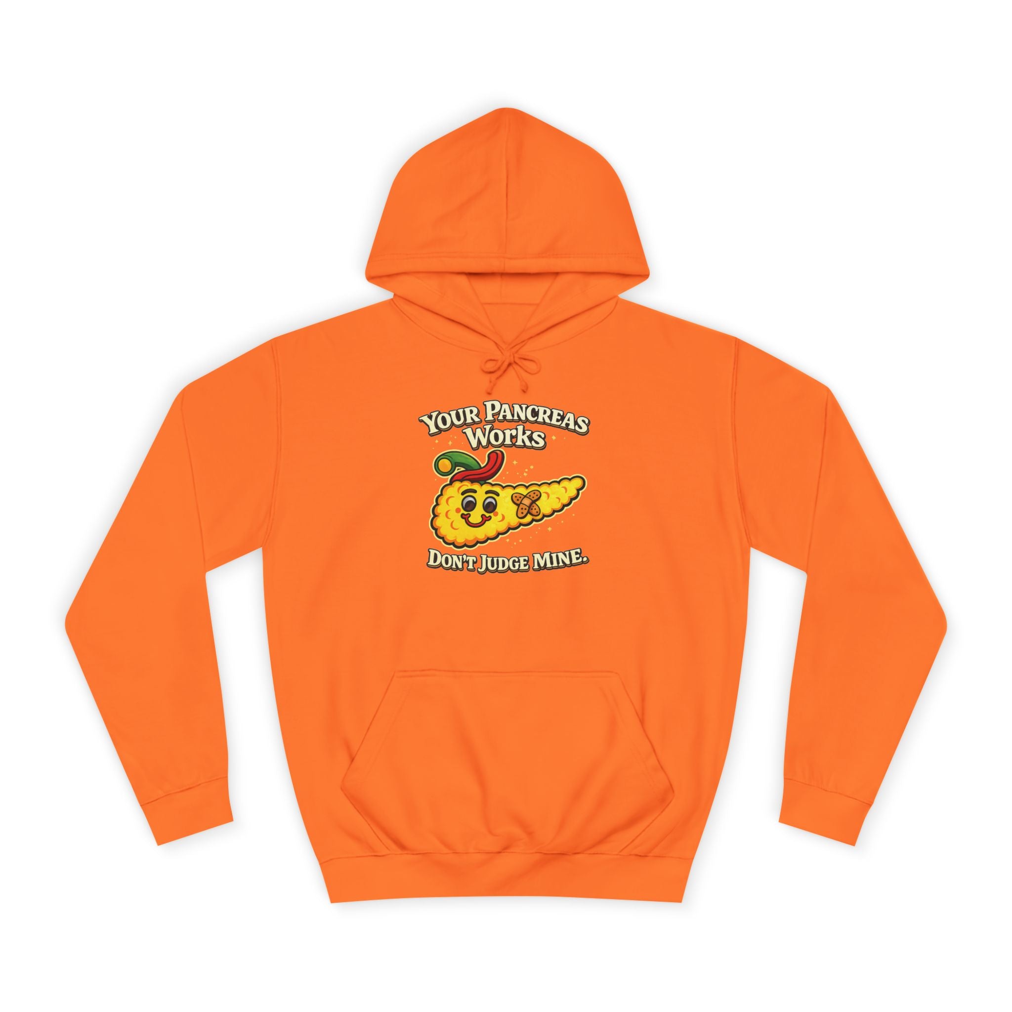 Don't judge my pancreas Hoodie — Funny Pancreas Cartoon Front, Bold Back Statement
