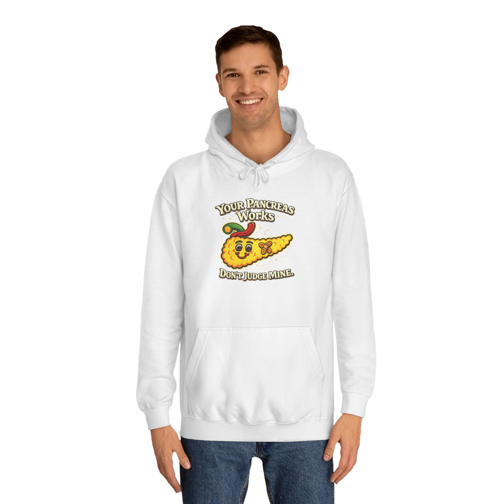 Don't judge my pancreas Hoodie — Funny Pancreas Cartoon Front, Bold Back Statement