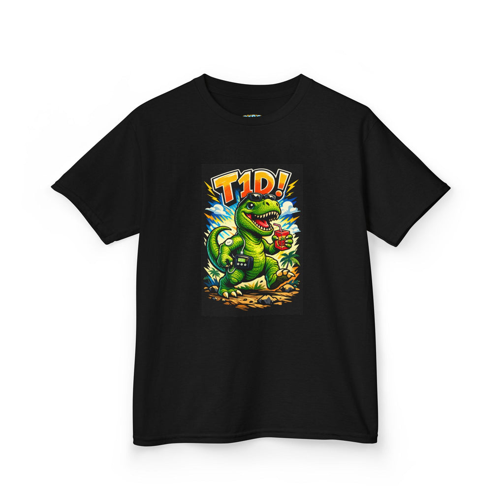 Kids T‑Rex Diabetes Awareness Tee — T‑Rex with Insulin Pump & Glucose Monitor