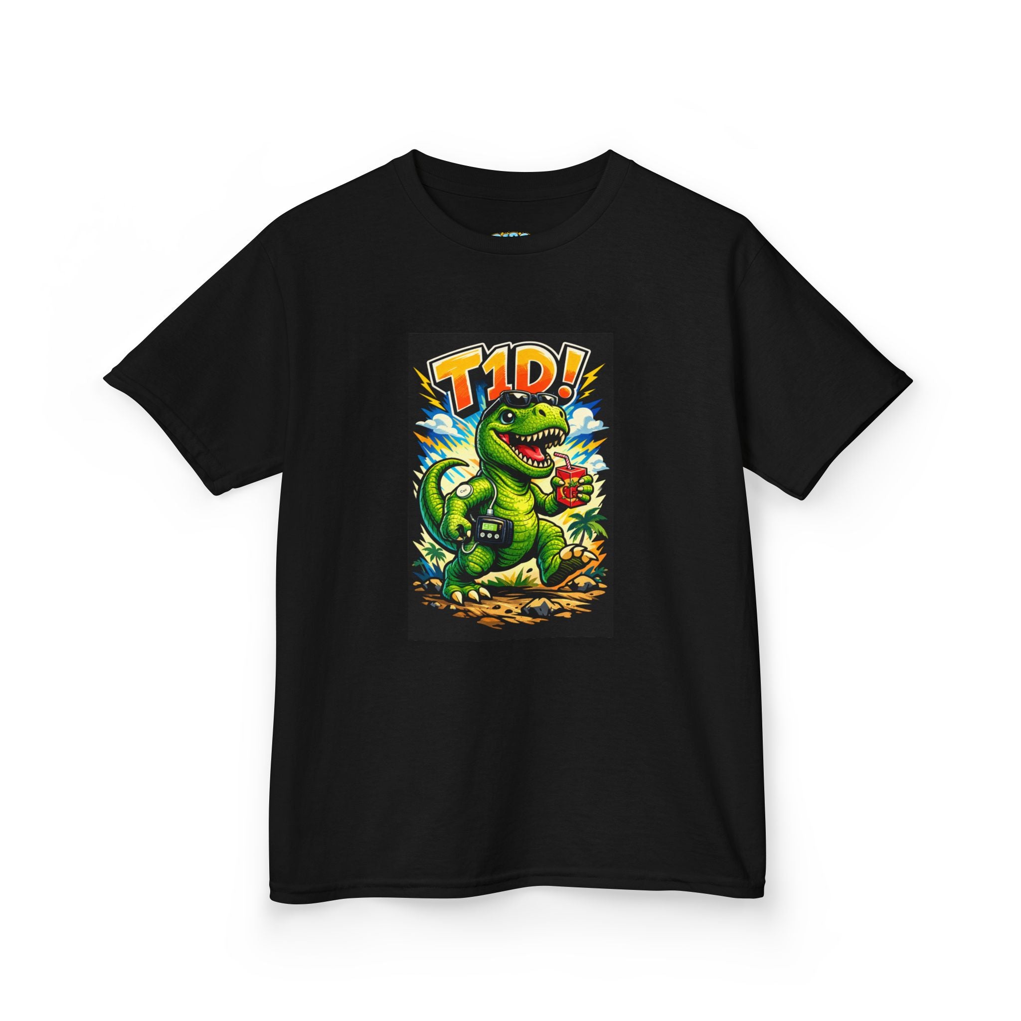 Kids T‑Rex Diabetes Awareness Tee — T‑Rex with Insulin Pump & Glucose Monitor