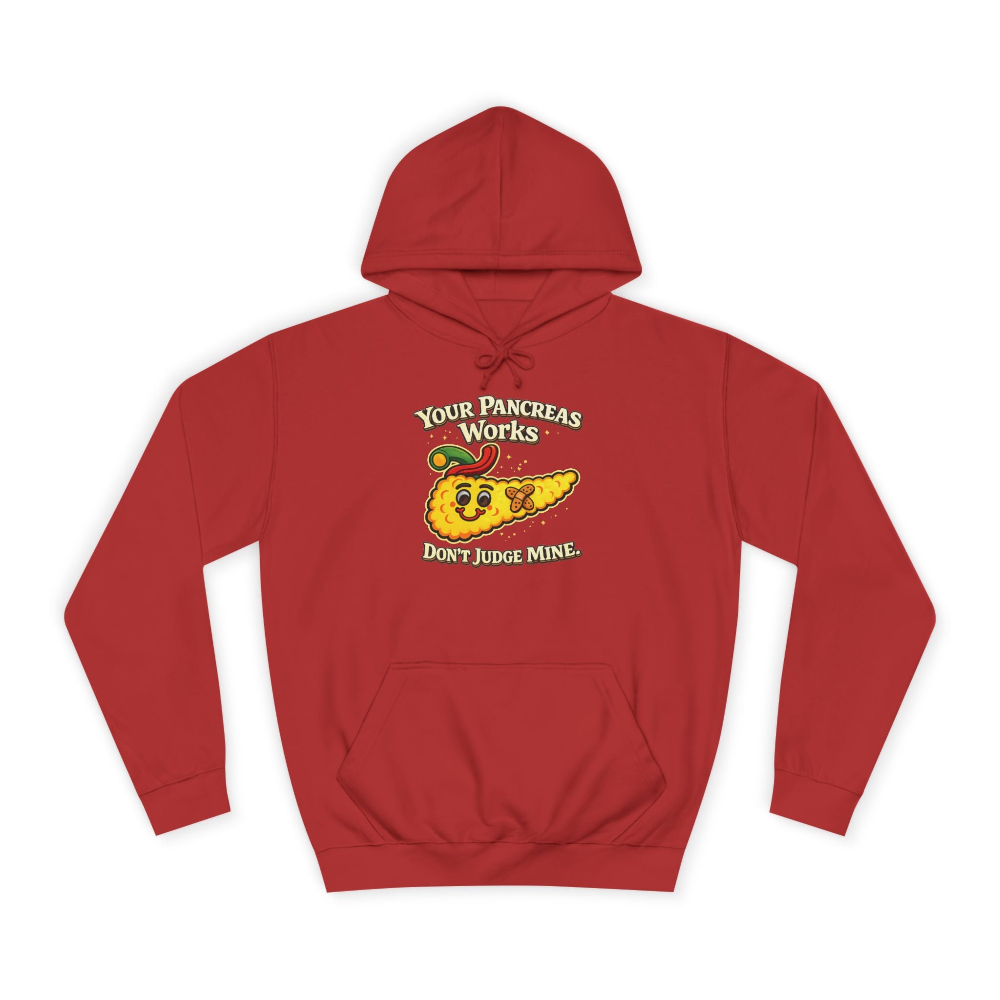 Don't judge my pancreas Hoodie — Funny Pancreas Cartoon Front, Bold Back Statement