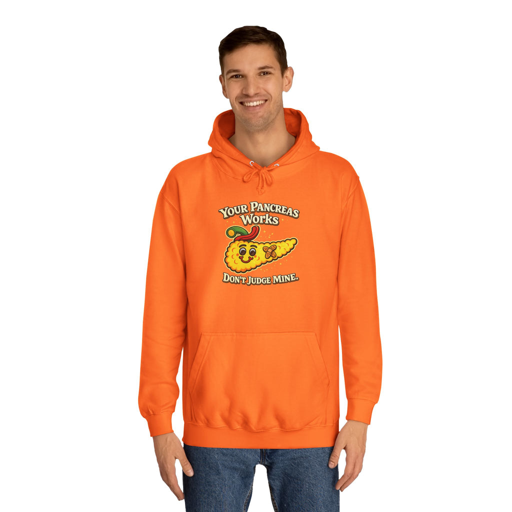 Don't judge my pancreas Hoodie — Funny Pancreas Cartoon Front, Bold Back Statement