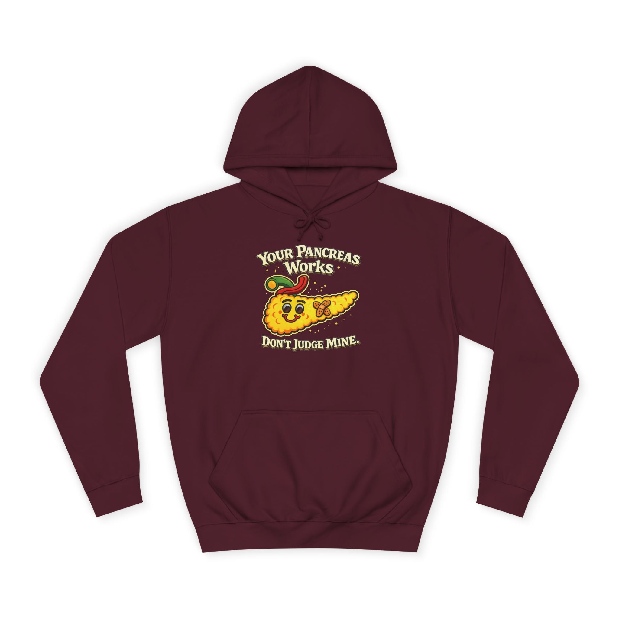 Don't judge my pancreas Hoodie — Funny Pancreas Cartoon Front, Bold Back Statement