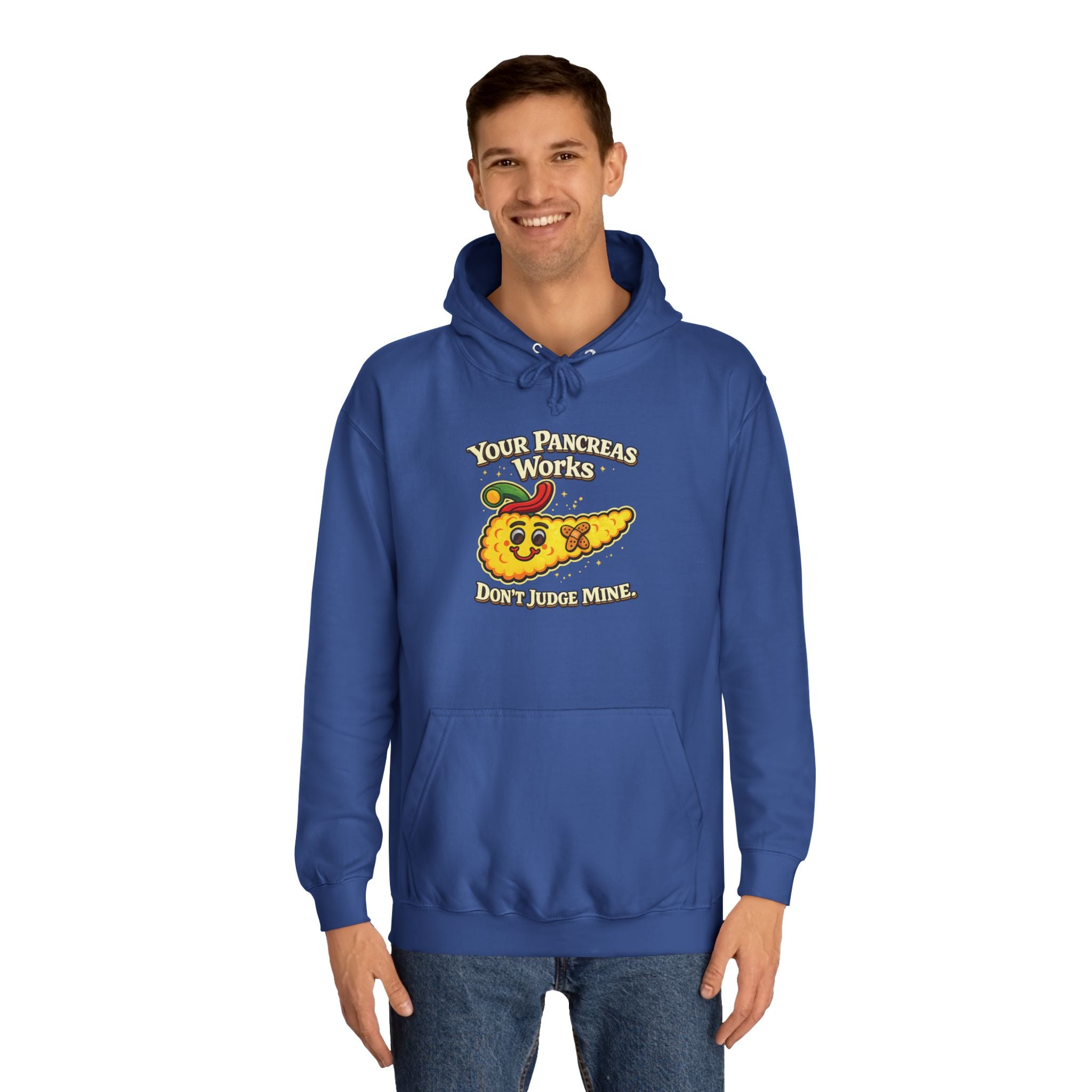 Don't judge my pancreas Hoodie — Funny Pancreas Cartoon Front, Bold Back Statement
