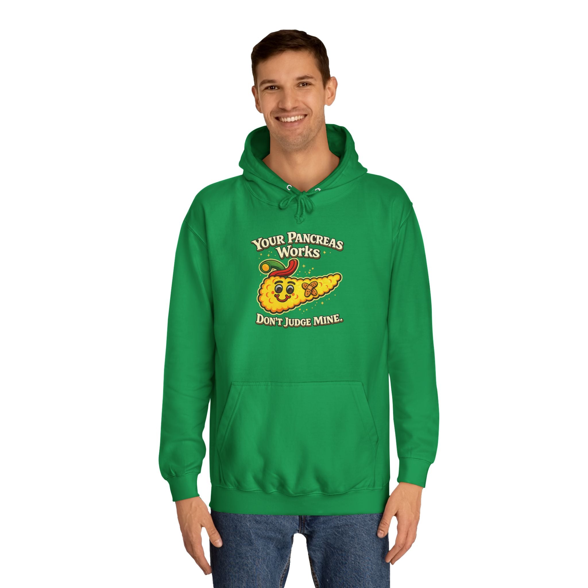 Don't judge my pancreas Hoodie — Funny Pancreas Cartoon Front, Bold Back Statement
