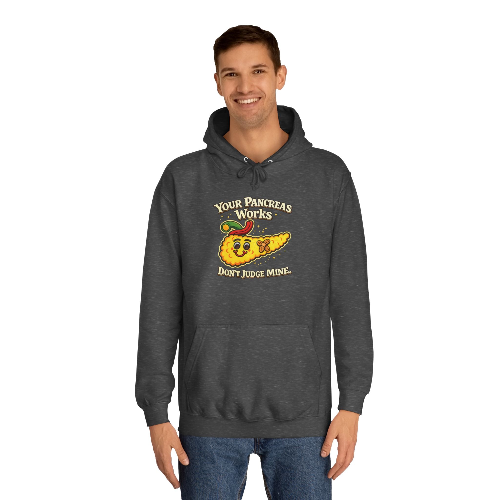 Don't judge my pancreas Hoodie — Funny Pancreas Cartoon Front, Bold Back Statement