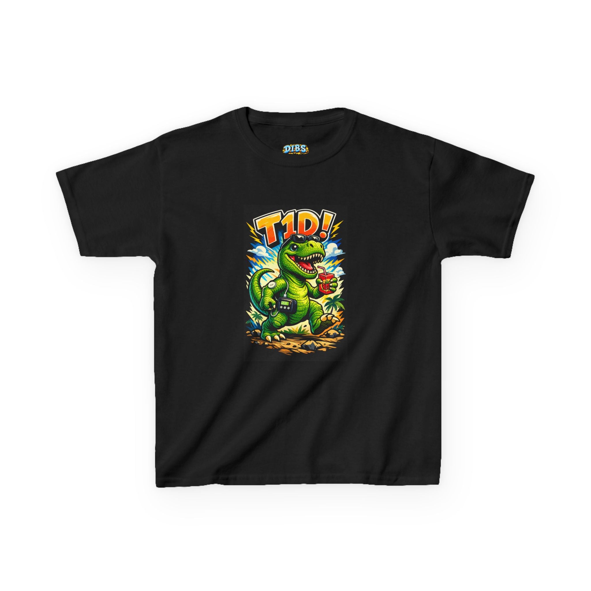 Kids T‑Rex Diabetes Awareness Tee — T‑Rex with Insulin Pump & Glucose Monitor